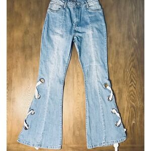 Fashion Nova Light Wash Bell Bottom Jeans Lace Up Grommet Detail Women's Size